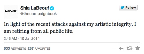 Shia LaBeouf announces retirement on Twitter