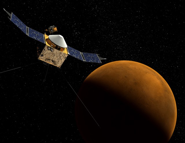 This artist's concept shows the MAVEN 
spacecraft with the planet Mars in the 
background.