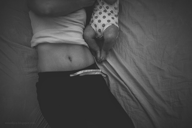 "I have lines mapped across the mountains of
stretched skin left over on my midsection.
Lightening bolts on my sides proving I once was
too small to contain all of the love that
filled me. Lines indicating that my daughter
once lived inside me... how can I be ashamed of
that?" -N'tima Preusser, "Babies Ruin Bodies"
blog post on weseekjoy.blogspot.com