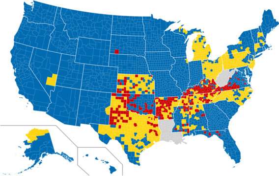 Dry counties in the United States. Red = dry counties, yellow = mixed,
grey = no data. (Map: LDS Church)
