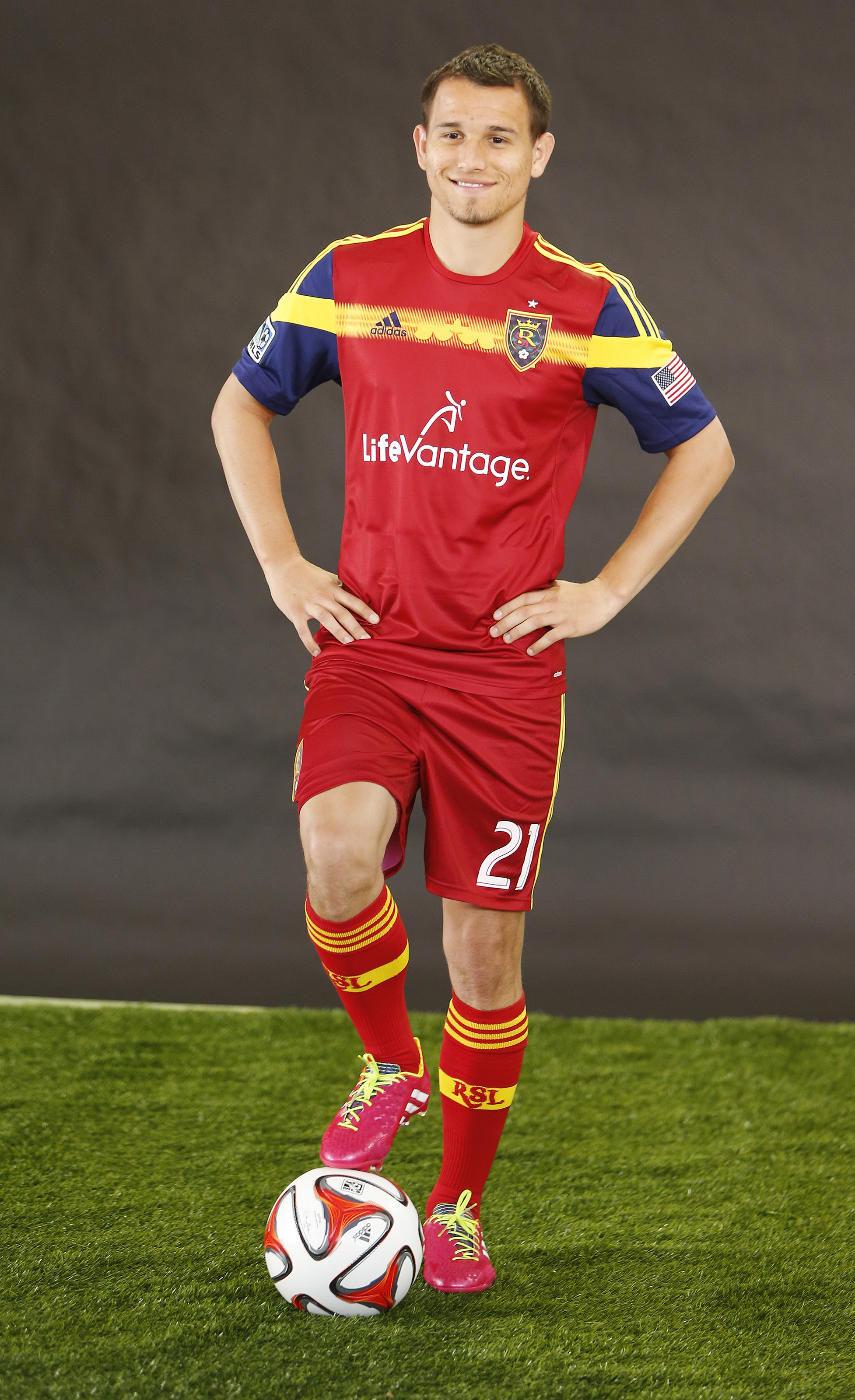 Real Salt Lake midfielder Luis Gil (21) poses for a photograph during media day in Sandy Tuesday, Feb. 4, 2014.