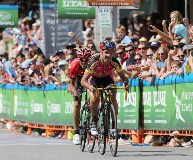 Francisco Mancebo Perez leads Janier Acevedo to the finish line as they complete the sixth and final stage Aug. 11, 2013, of the Tour of Utah in Park City. The 2022 race has been canceled.