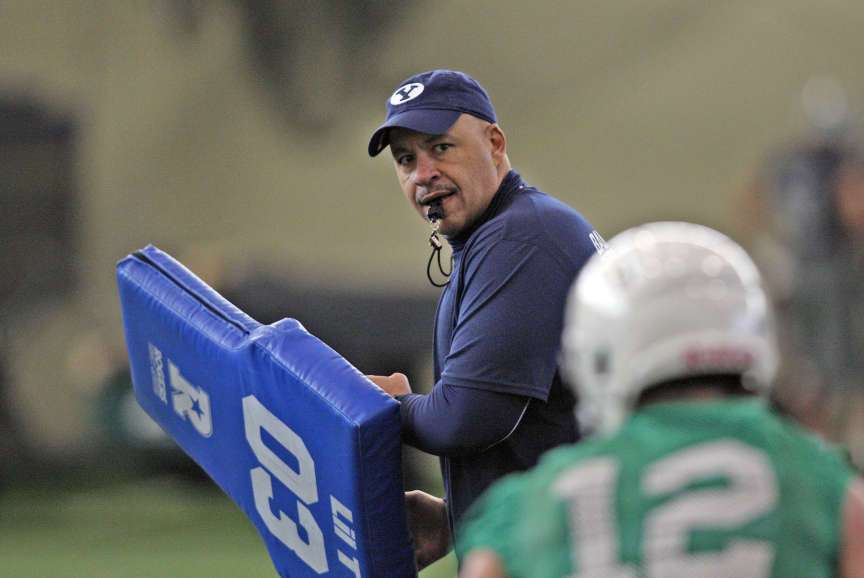 Guy Holliday, recievers coach, on the first day of BYU football's spring
camp Monday, March 4, 2013, in Provo (Submission date:
03/04/2013)