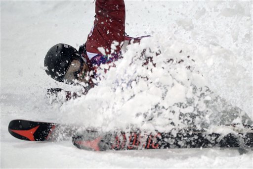 Canada's Mike Riddle slides as he stops in the 
finish area during the men's ski halfpipe final 
at the Rosa Khutor Extreme Park, at the 2014 
Winter Olympics, Tuesday, Feb. 18, 2014, in 
Krasnaya Polyana, Russia. Riddle won the silver 
medal.