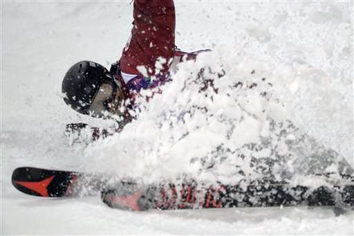 Canada's Mike Riddle slides as he stops in the
finish area during the men's ski halfpipe final
at the Rosa Khutor Extreme Park, at the 2014
Winter Olympics, Tuesday, Feb. 18, 2014, in
Krasnaya Polyana, Russia. Riddle won the silver
medal.