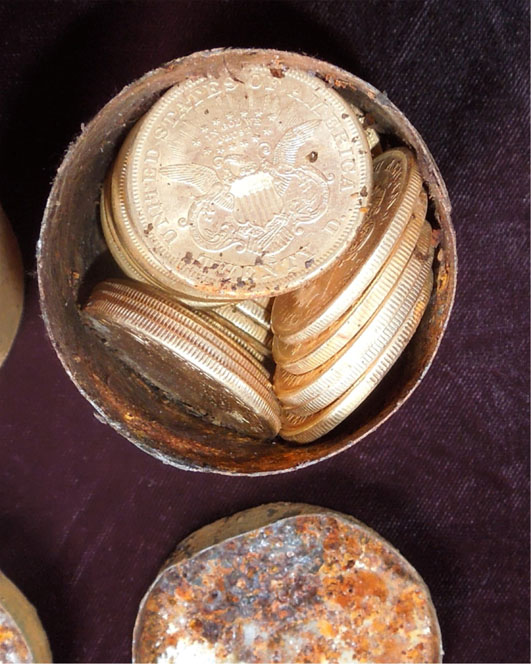 One of the eight decaying metal canisters 
filled with 1800s-era U.S. gold coins unearthed 
in California by two people who want to remain 
anonymous. The value of the "Saddle Ridge 
Hoard" treasure trove is estimated by Kagin's, 
Inc. at $10 million or more.