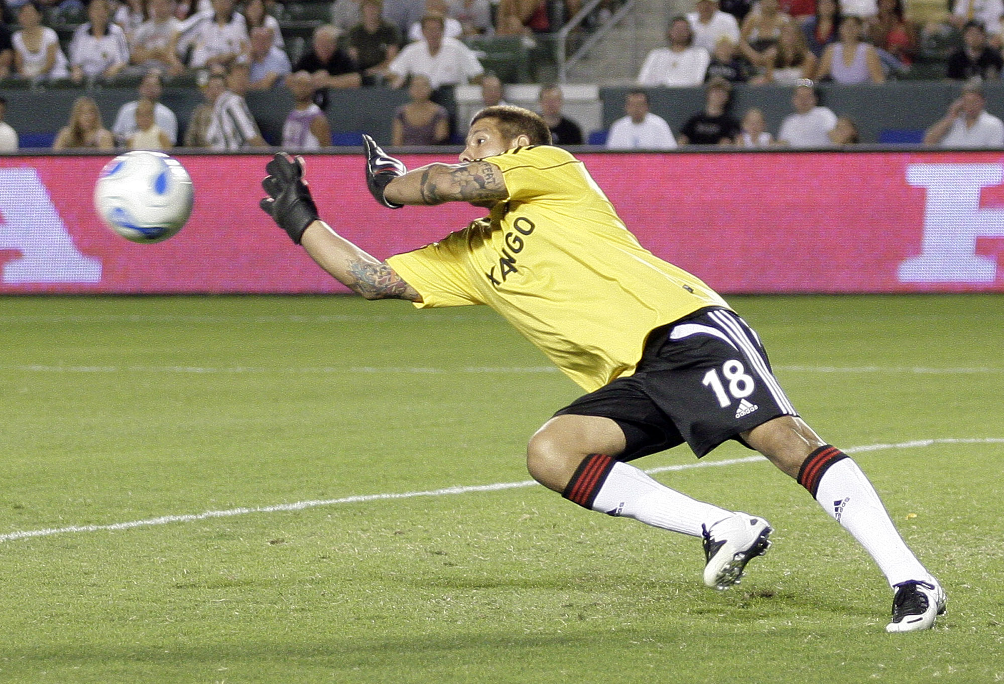 Real Salt Lake goalie Nick Rimando makes a save against the Los Angeles Galaxy during the first half of an MLS soccer game in Carson, Calif., on Saturday, Sept. 1, 2007.