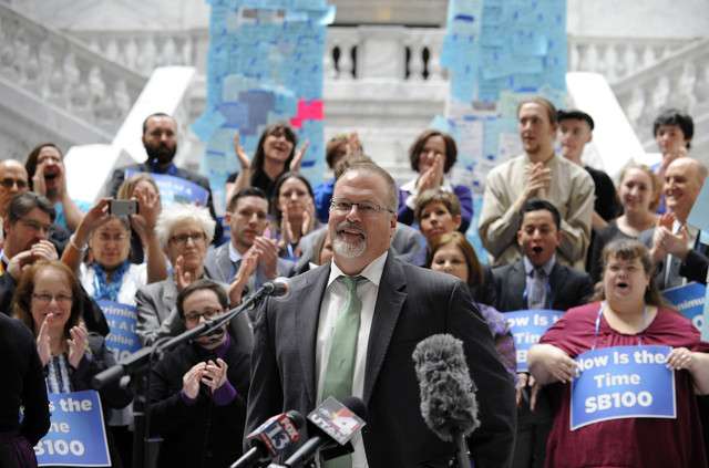 Sen. Stephen Urquhart, R-St. George, is greeted
with applause for sponsoring SB100 as
supporters of the LGBT community gathered at
the Capitol in Salt Lake City, on Wednesday,
March 5, 2014, to show their frustration with
the Senate not hearing the anti-discrimination
bill.