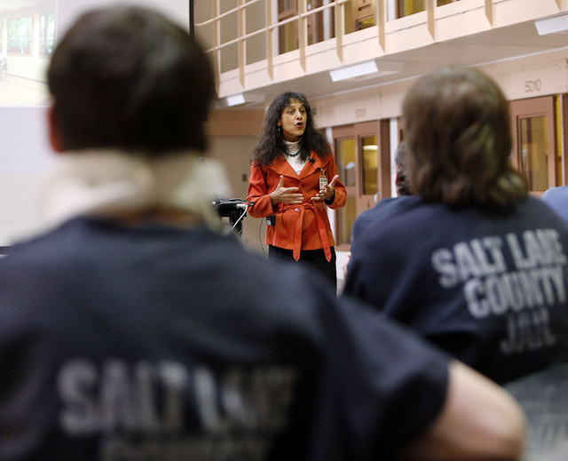 Nalini Nadkarni, professor of biology and director of science and math education at the University of Utah, lectures on trees at the Salt Lake County Jail in Salt Lake City, Monday, March 24, 2014. (Photo: Ravell Call, Deseret News)