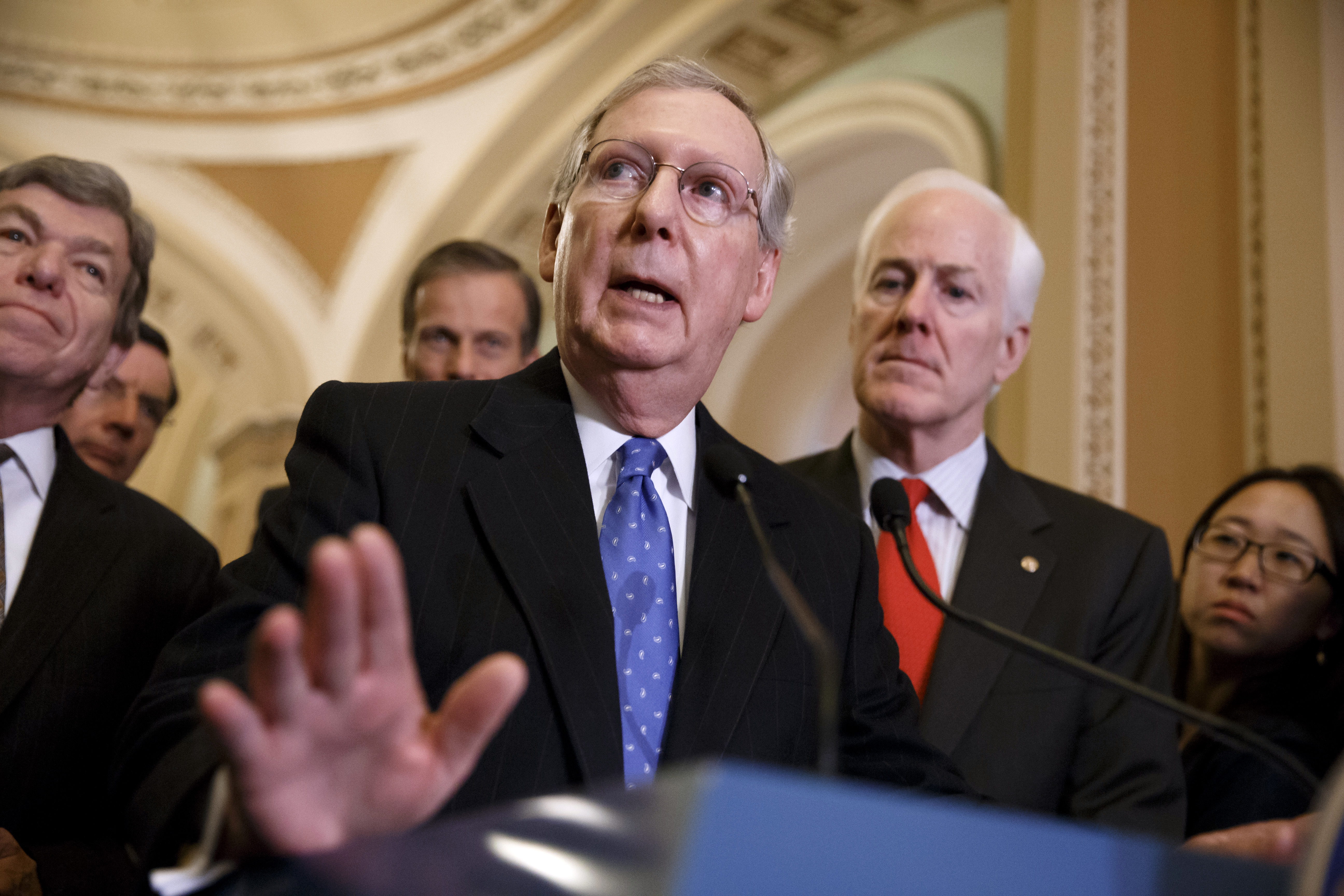 Senate Minority Leader Mitch McConnell, R-Ky., talks with reporters before a key test vote on the For the People Act, a sweeping bill that would overhaul the election system and voting rights, at the Capitol in Washington, Tuesday, June 22, 2021. The bill failed in a key test vote Tuesday, blocked by a wall of united Republican opposition.