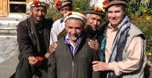 GREG WITH THREE OF HIS 1993 K2 PORTERS AND THE SON OF KORPHE
VILLAGE LEADER, HAJI ALI, KHAPLU, PAKISTAN, 2013