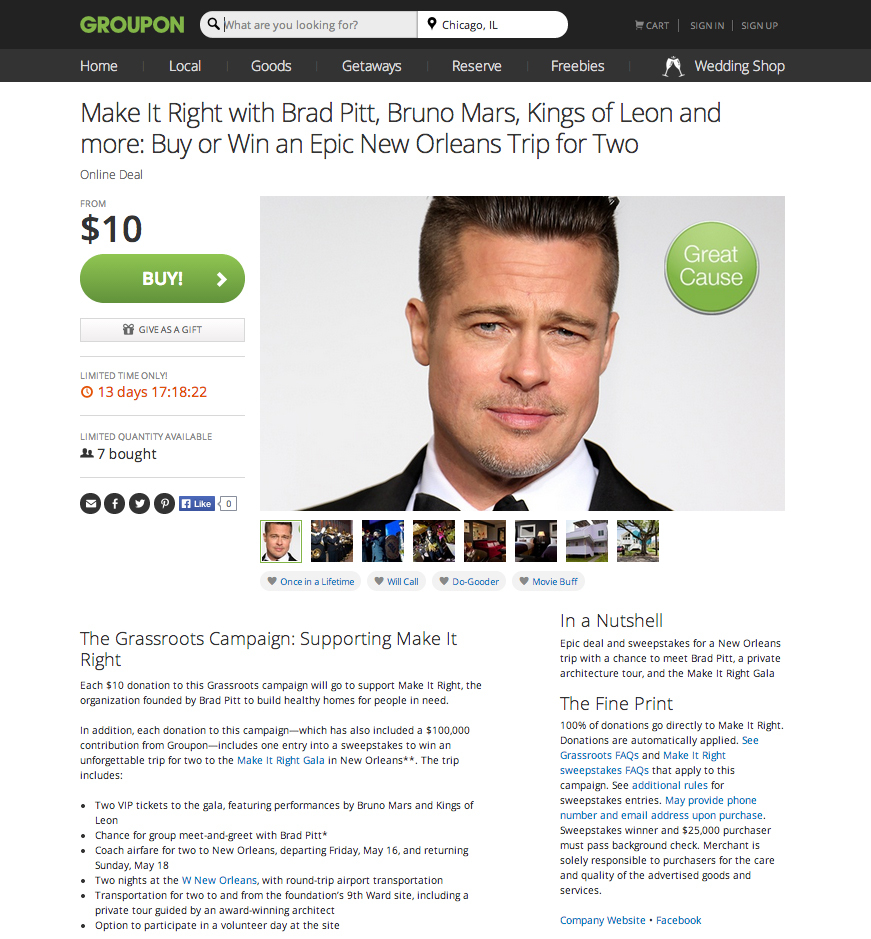 Groupon Offers Epic Deal to Make It Right Gala with Brad Pitt, Bruno Mars and Kings of Leon