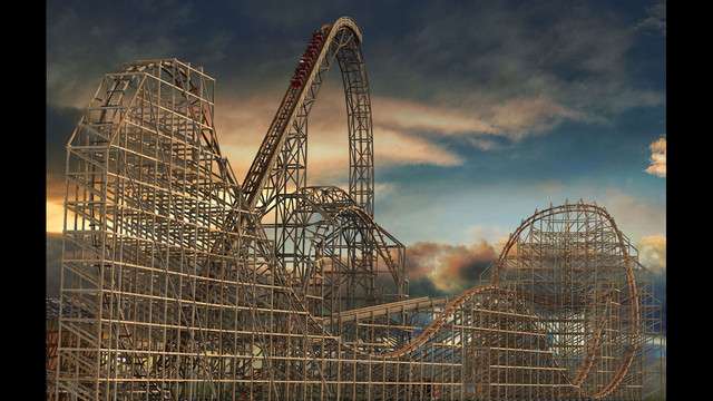 Goliath at Six Flags Great America in Gurnee,
Illinois, will be the world's fastest wooden
coaster with the tallest and steepest drop. The
coaster, seen here in a rendering, is set to
open in May.