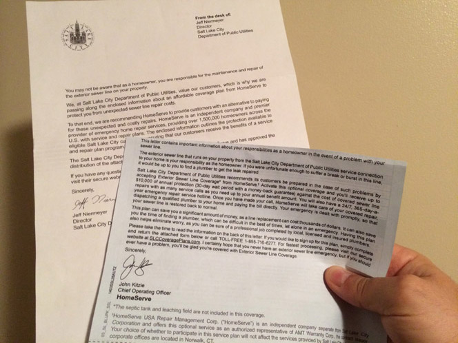 SL homeowners receive sewer insurance ad on city letterhead