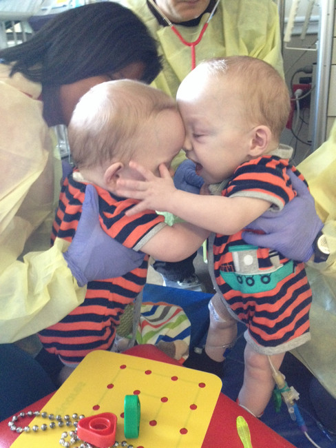 "They are still learning what that means, and
they will often either just stare at each
other, or at us, to see what the hubbub is all
about, but occasionally, a little arm will
reach out to touch the other's arm or face.
When this happens, there is always a frenzied
flurry of people snapping pictures and ooh-ing
and ahh-ing over them." -Jenni Enzell