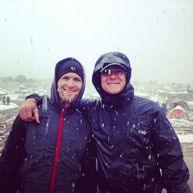 Craig Lloyd and Steve Frogley pose for a 
picture during a storm that swept through 
Southern Utah at the Trail Ragnar race.