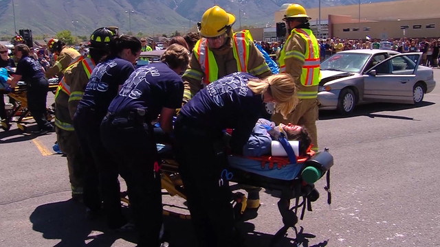 Students from Salem Hills High School get a memorable lesson on the 
importance of safe driving.
