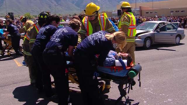 Students from Salem Hills High School get a memorable lesson on the
importance of safe driving.