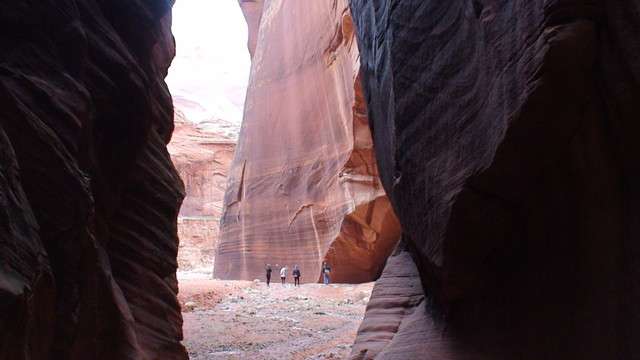 Hikers pause to examine some Anasazi petroglyphs at the junction of Wire Pass and Buckskin Gulch.