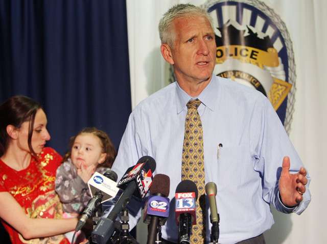 Salt Lake County Sheriff Jim Winder speaks at a press conference Wednesday, May 7, 2014, announcing that Danielle Larsen, left, has been reunited with her 15-month-old daughter Sophea. (Photo: Scott G Winterton, Deseret News)