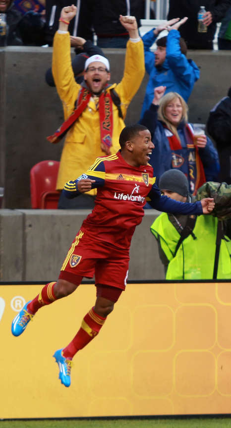 Real Salt Lake's Joao Plata celebrates his 
goal during the first half of a soccer game 
against Vancouver at the Rio Tinto Stadium in 
Sandy, Utah, on Saturday, April 26, 2014.