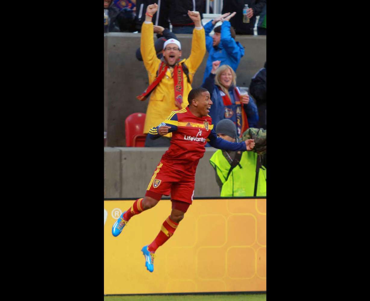 Real Salt Lake's Joao Plata celebrates his
goal during the first half of a soccer game
against Vancouver at the Rio Tinto Stadium in
Sandy, Utah, on Saturday, April 26, 2014.