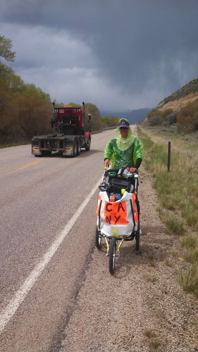 "When it comes to breaking the official world
record, I have the odds against me. They do
not distinguish between supported and self-
supported runners, which means I am pushing
this heavy stroller and must deal with
logistics such as hauling water and food and
camping. I also have many more miles to cover
my route. To make an official record, one
must be legal and run from San Francisco City
Hall to New York City Hall." -Jessica Goldman