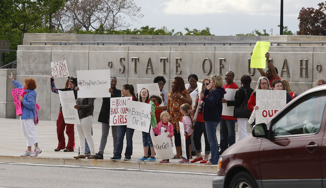 People rally at the Utah State Capitol to raise awareness about the
mass abduction of nearly 300 school girls from Chibok, Nigeria, on
Saturday, May 10, 2014, in Salt Lake City.