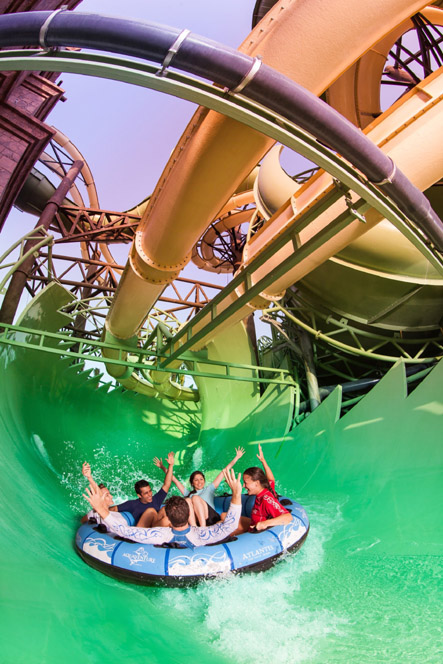 United Arab Emirates - At Aquaventure
Waterpark, the Aquaconda contains the world's
first slide-within-a-slide, comprising an
enclosed tube slide that weaves in and out of
the framework of a flume-style ride.