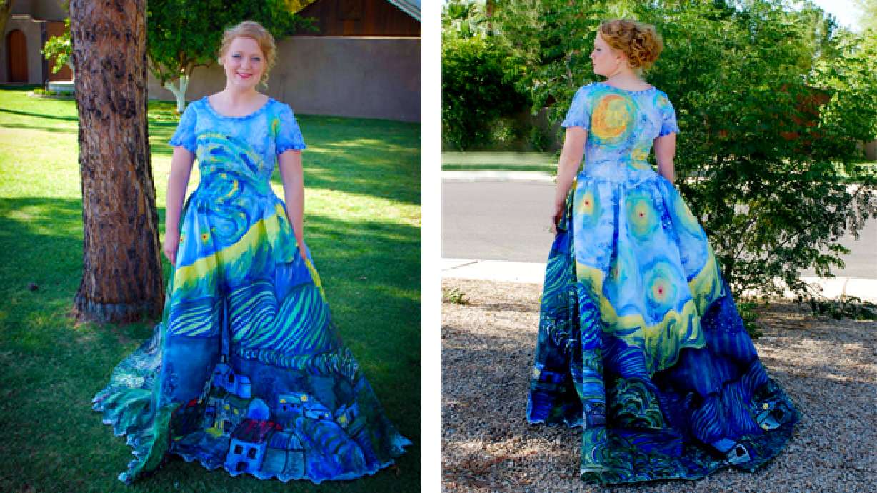 High school senior hand paints prom dress