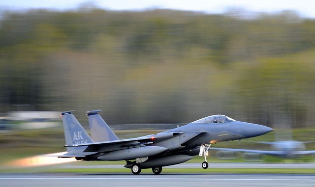An F-15 Eagle from the 19th Fighter Squadron 
takes off at Joint Base Elmendorf-Richardson in 
Alaska. F-15 fighters intercepted Russian 
bombers off California this month.