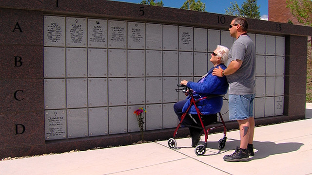 Gail Payeur and her son Steve Payeur at the Utah Veterans Memorial
Park in Bluffdale to visit Ronald Payeur.