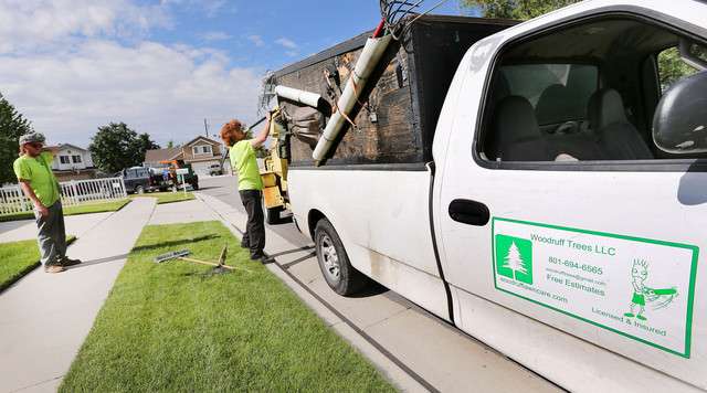 Riley Nichols and his brother Matt Nichols of
Woodruff Tree put hand tools away Wednesday,
June 18, 2014, after finishing a job in Sandy.