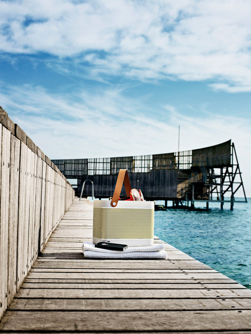 Bang and Olufsen Beolit 12 travel speaker is
just about the coolest-looking iPhone-ported
speaker set we've seen. It comes with an eight-
hour battery life.