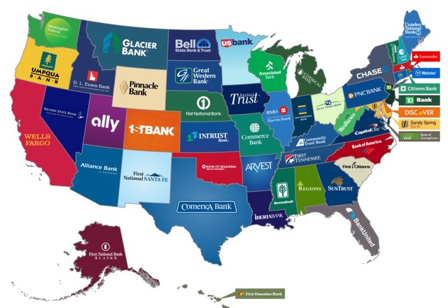 Map shows biggest bank headquartered in each state