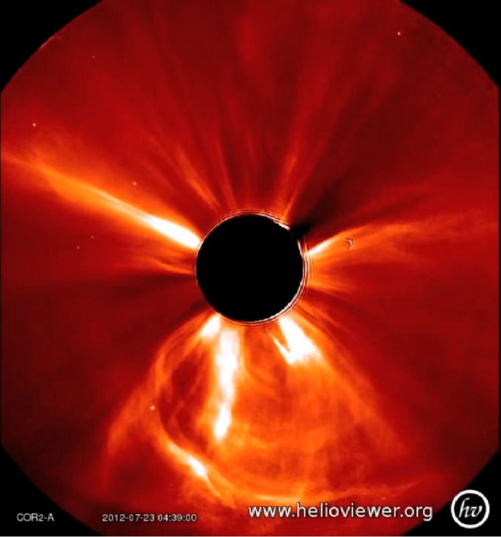 Plasma explodes from the surface of the sun in a coronal mass ejection (CME) July 23, 2012. This CME could have severely damaged GPS, the Internet and other electrical systems.
