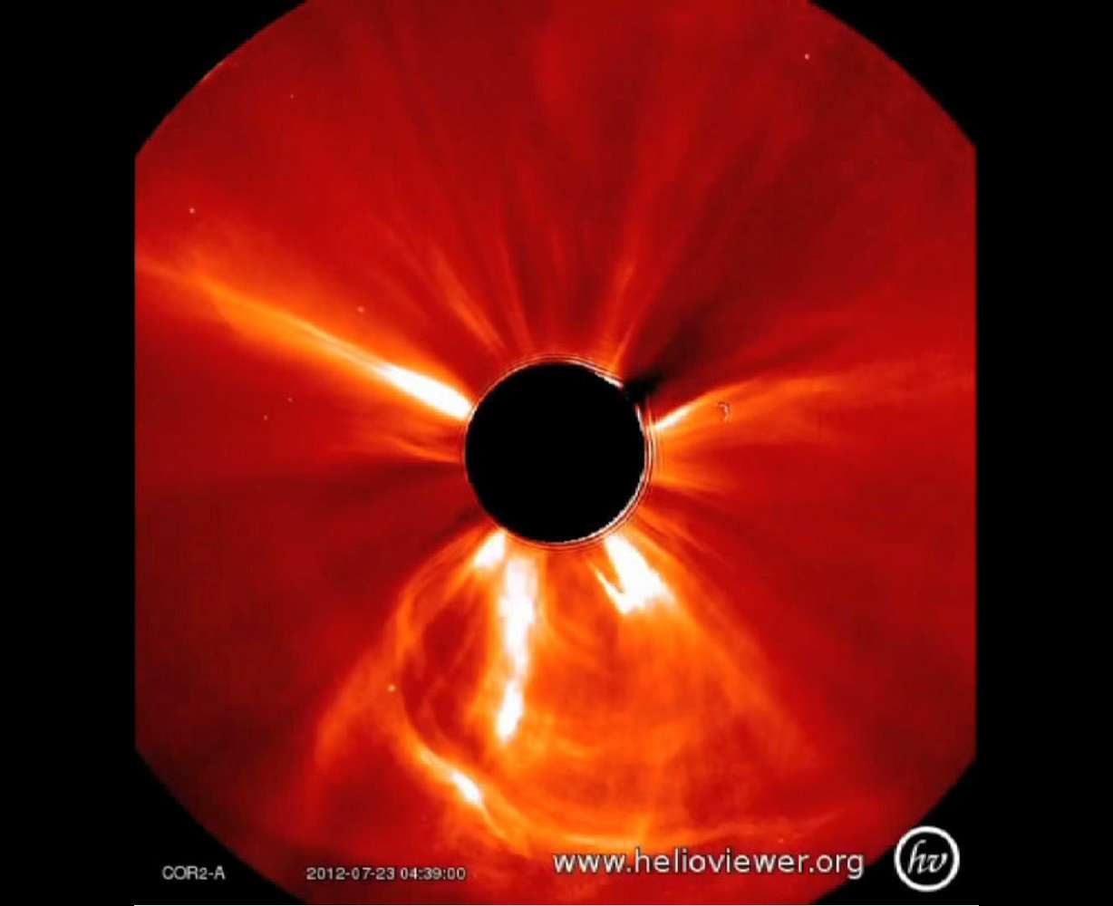 Plasma explodes from the surface of the sun in a coronal mass ejection (CME) July 23, 2012. This CME could have severely damaged GPS, the Internet and other electrical systems.