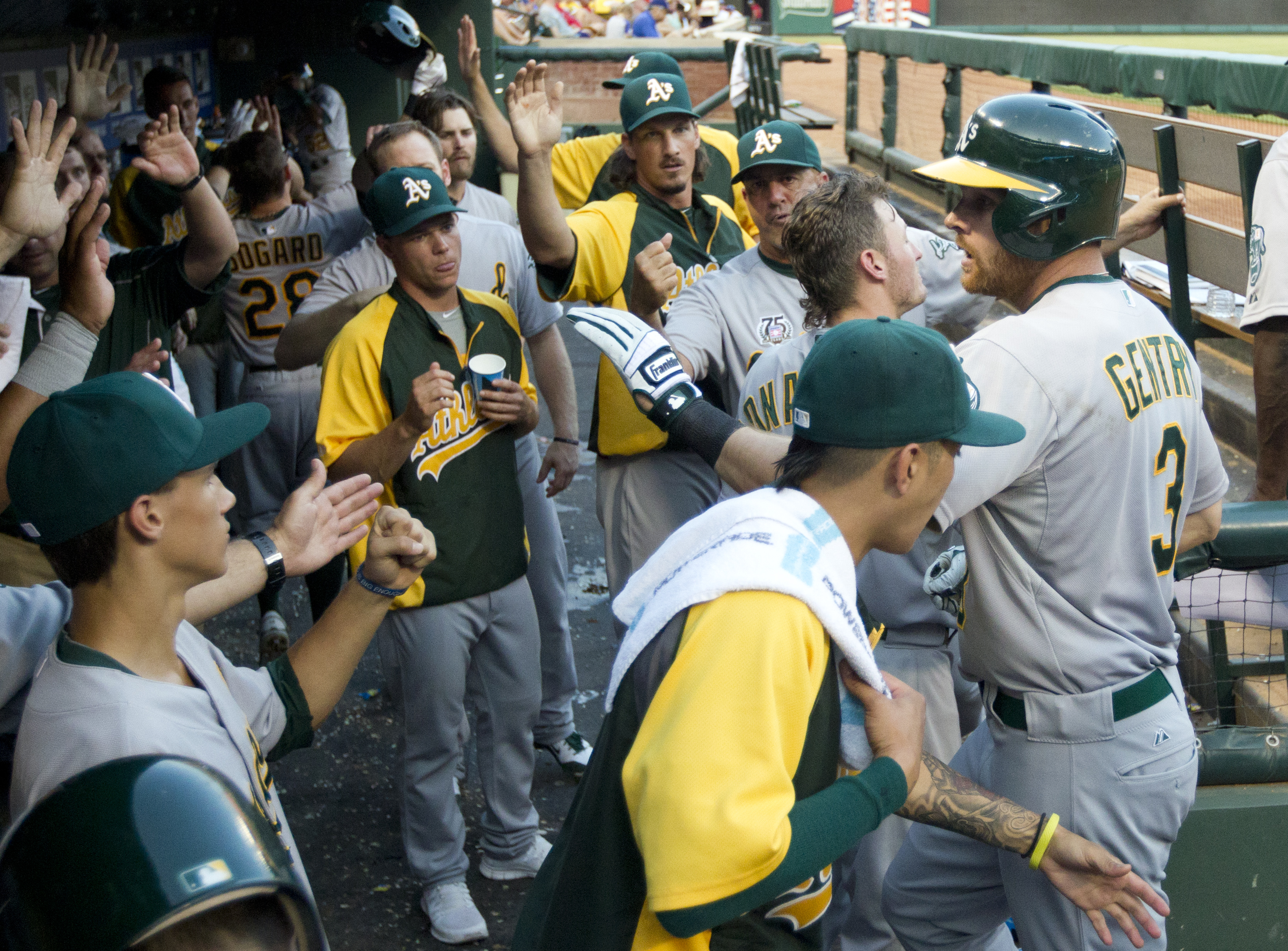 A's OF Gentry on DL with broken hand, Burns added