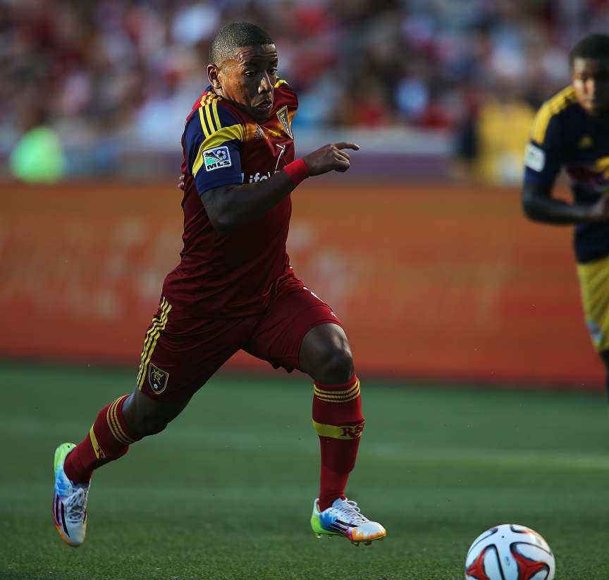 RSL's Joao Plata runs down the ball as Real Salt Lake and the New York Red Bulls play Wednesday, July 30, 2014, at Rio Tinto Stadium in Sandy. The match ended in a 1-1 draw.