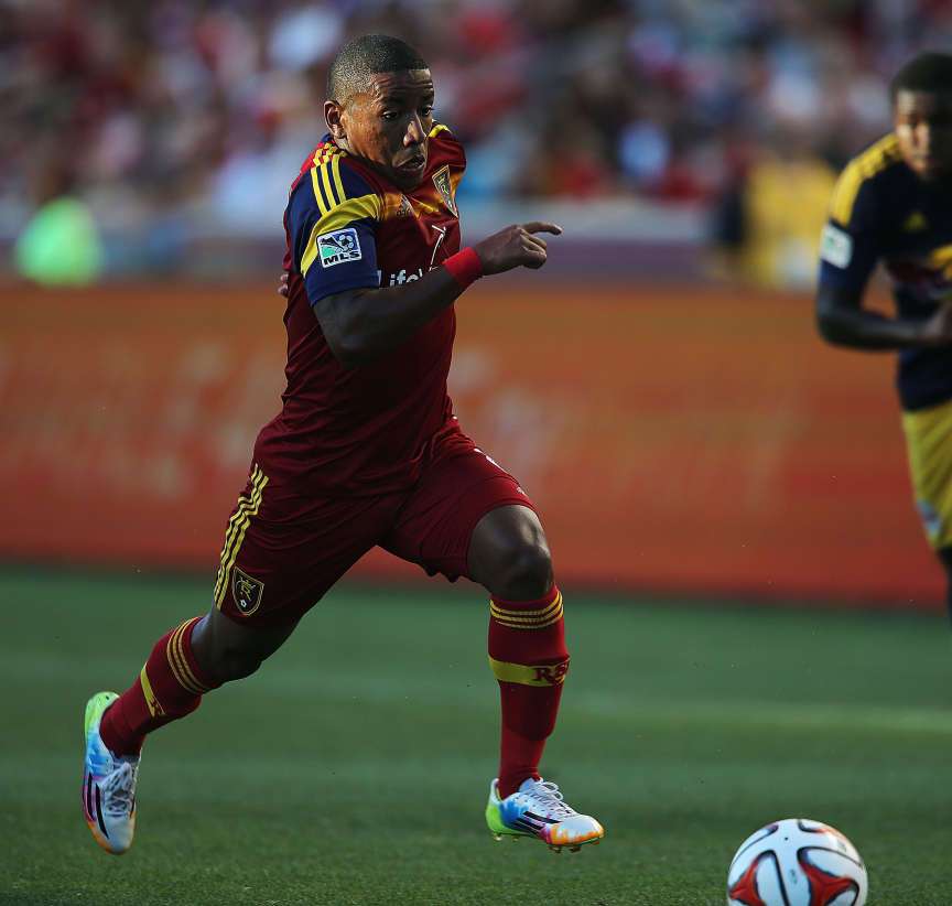 RSL's Joao Plata runs down the ball as Real Salt Lake and the New York Red Bulls play Wednesday, July 30, 2014, at Rio Tinto Stadium in Sandy. The match ended in a 1-1 draw.