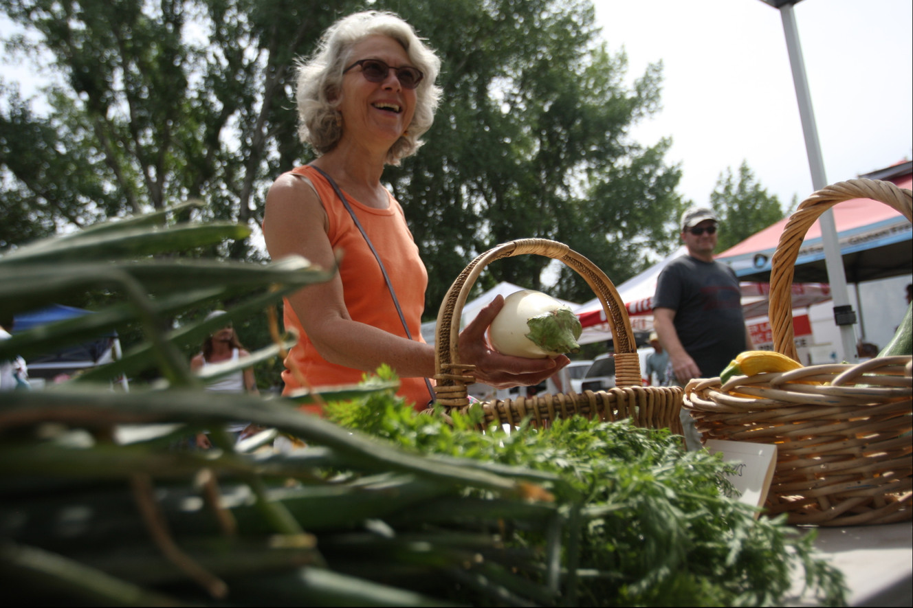 Barbara Pioli, development coordinator for the Wasatch Cooperative Market, talks to Mele Tuaone of Mololo Gardens, not pictured, during the farmers market at Wheeler Historic Farm on Sunday, Aug. 3, 2014. (Photo: Michelle Tessier, Deseret News)