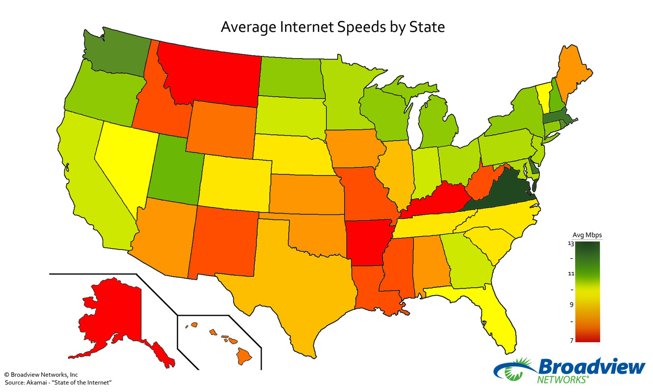 Map shows average Internet speed for each state