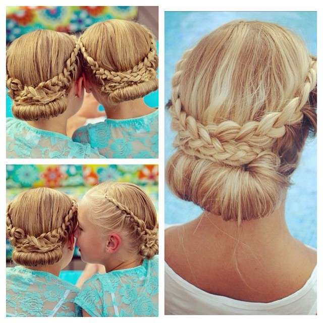 Lace braid rolled updo twinning with @ffashionails. (Photo: Jill Ehat)
