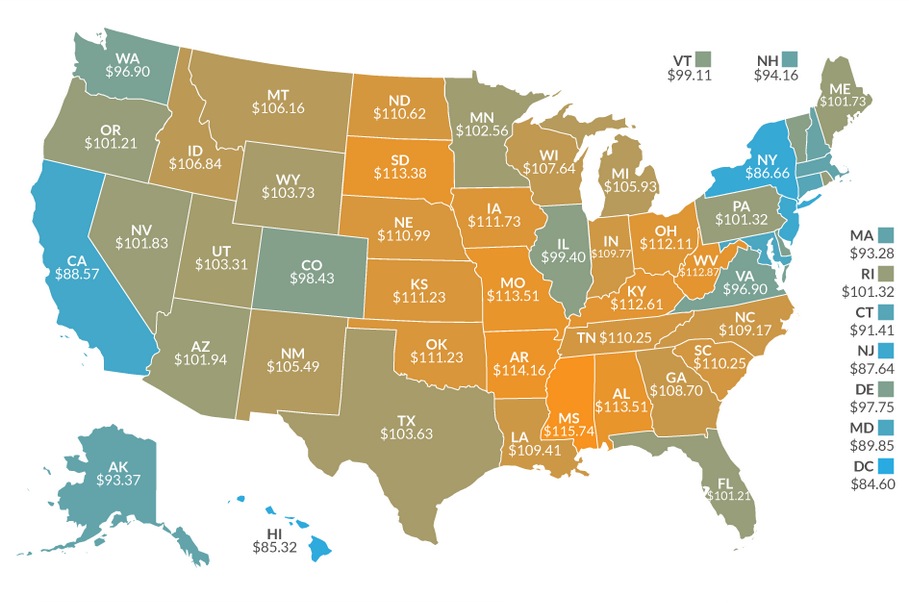 Map shows relative value of $100 in each state