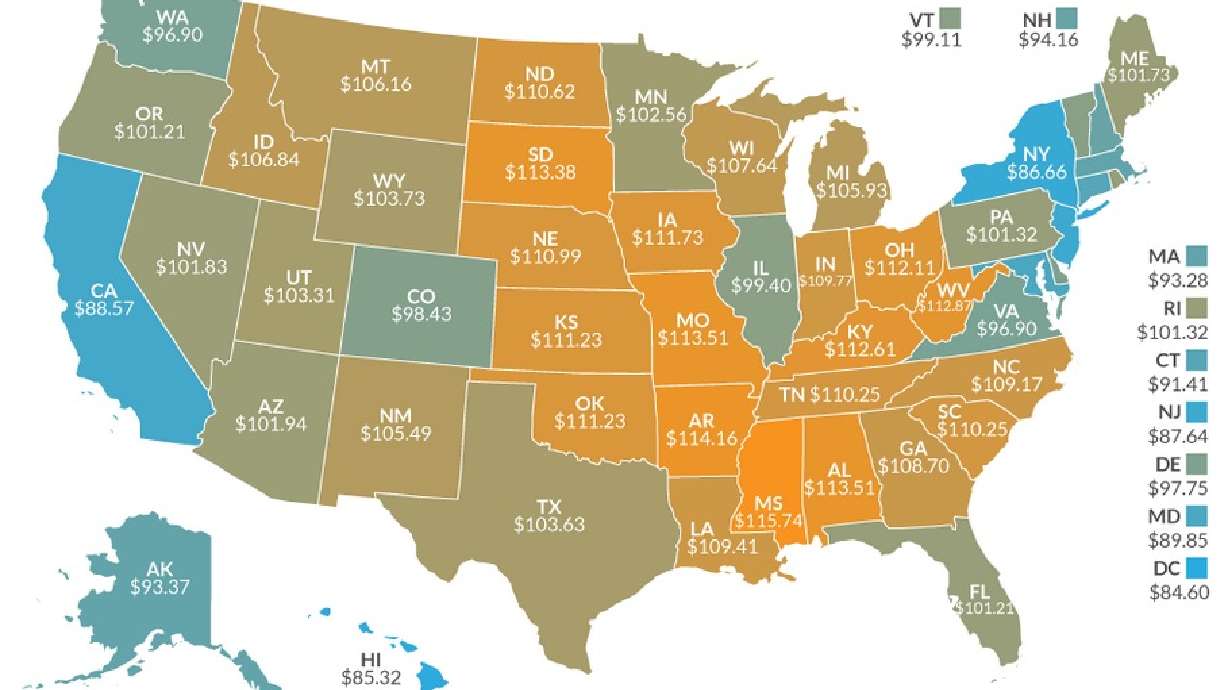 Map shows relative value of $100 in each state