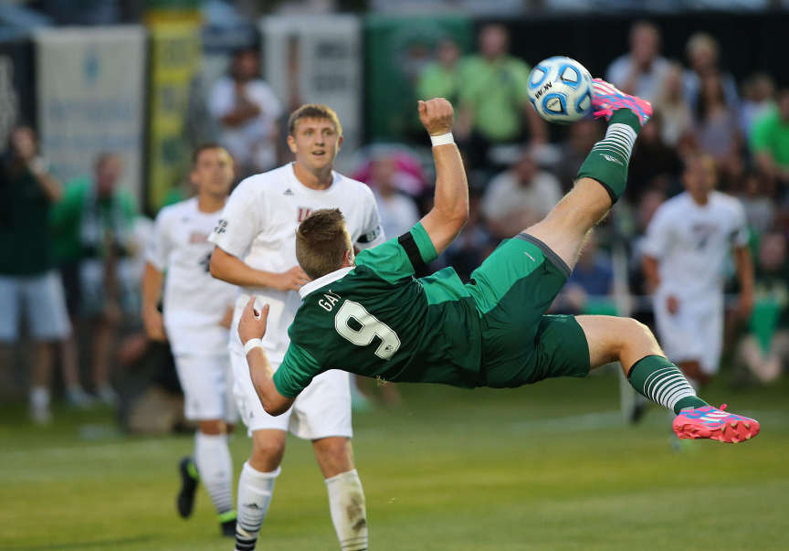 Utah Valley forward Matt Gay attempts a bicycle kick against UMass during the Wolverines' first-ever men's soccer match at home, Aug. 31, 2014 in Orem. (Photo: Tom Smart, KSL)
