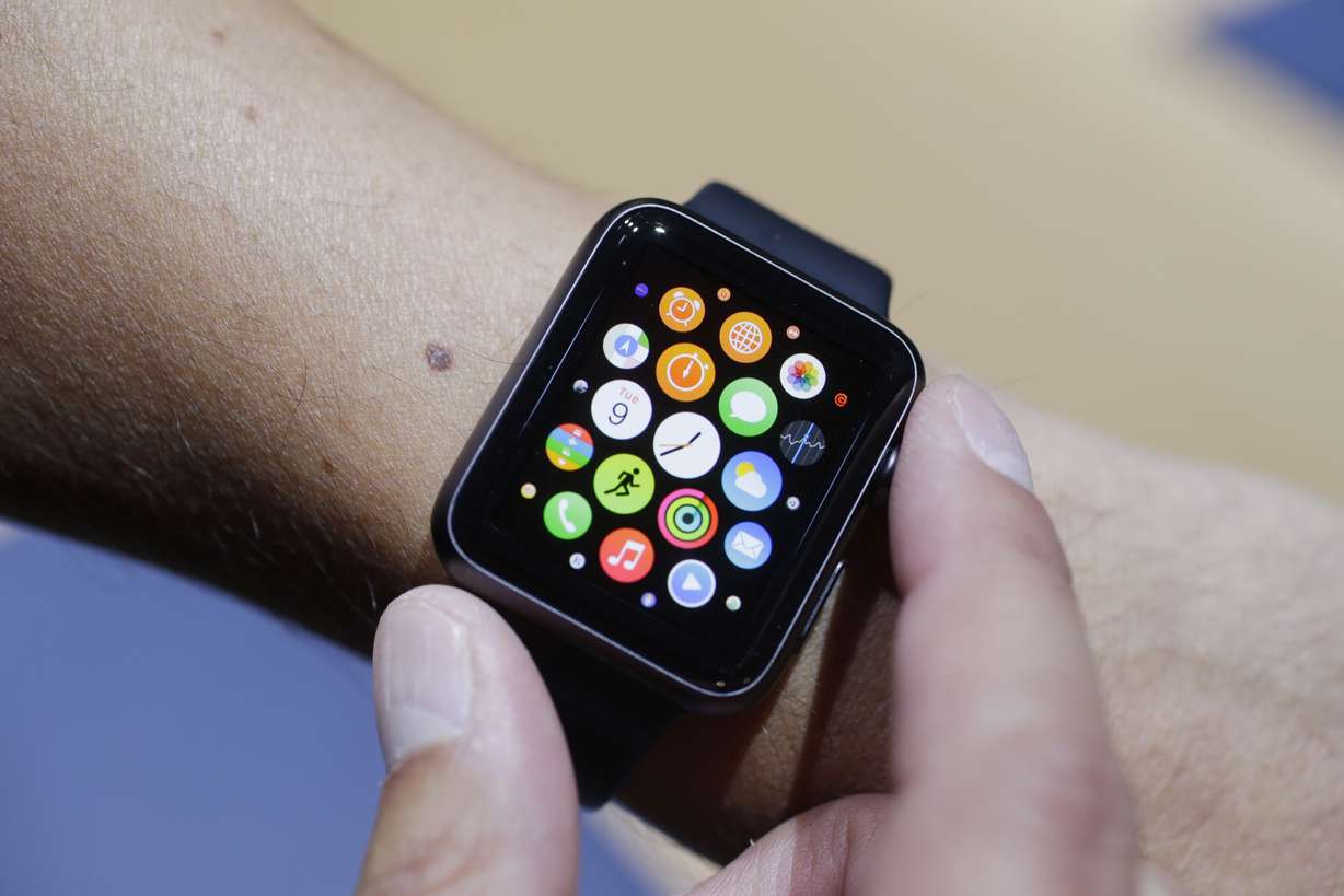 The new Apple Watch is shown during a new product release on Tuesday, Sept. 9, 2014, in Cupertino, Calif.