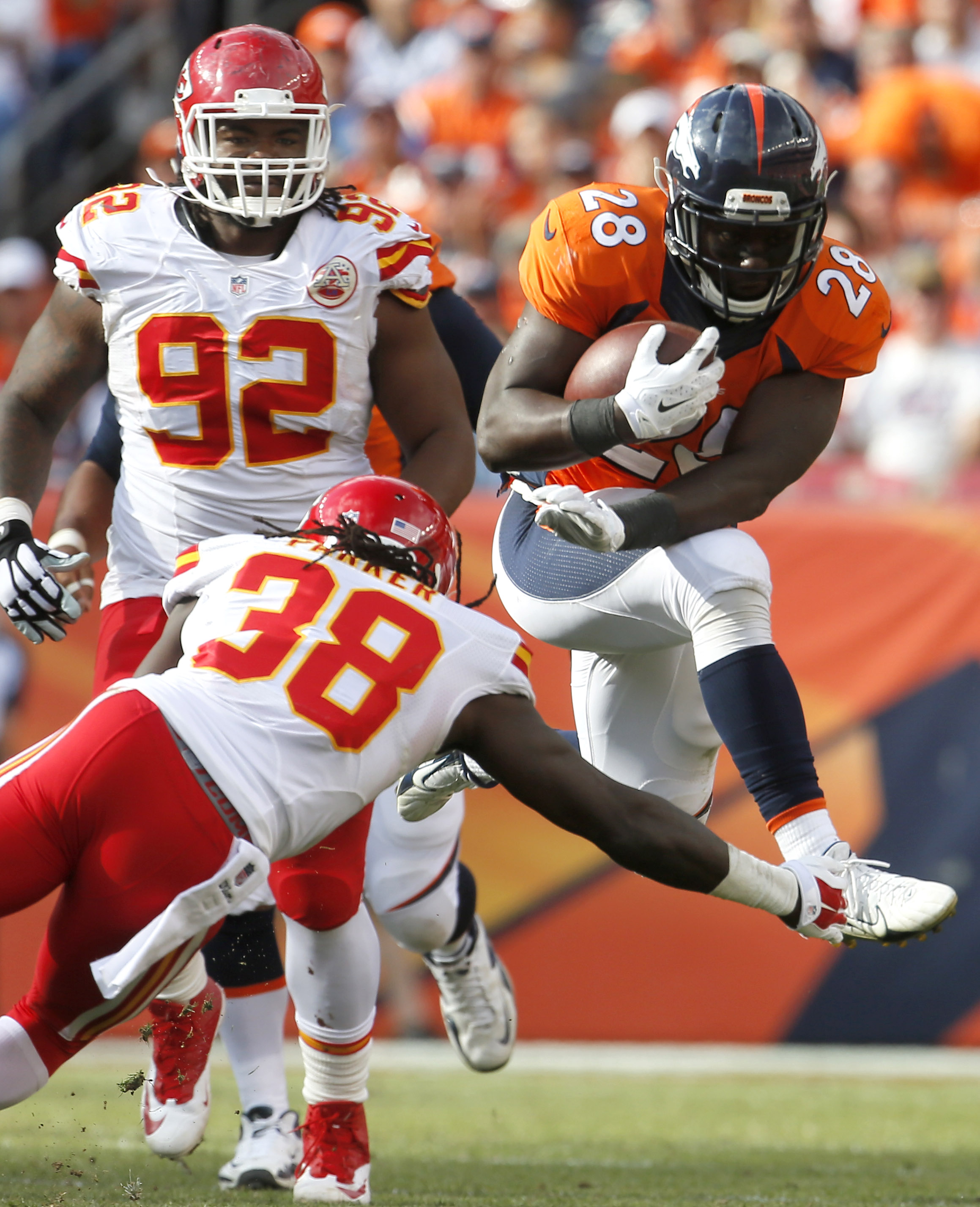 Broncos stumbling out of tunnel at halftime
