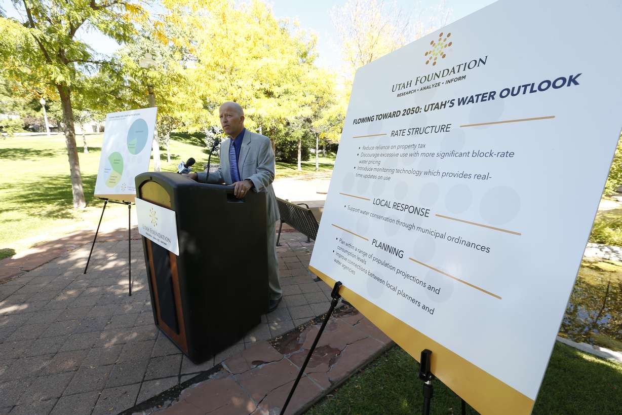 Utah Rivers Council Director Zach Frankel speaks about a new report, Flowing Toward 2050: Utah's Water Outlook, at City Creek Park in Salt Lake City Wednesday, Sept. 17, 2014.