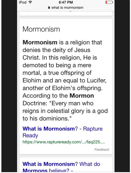 La definición que da Google del Mormonismo enfureció a miles en los medios sociales
